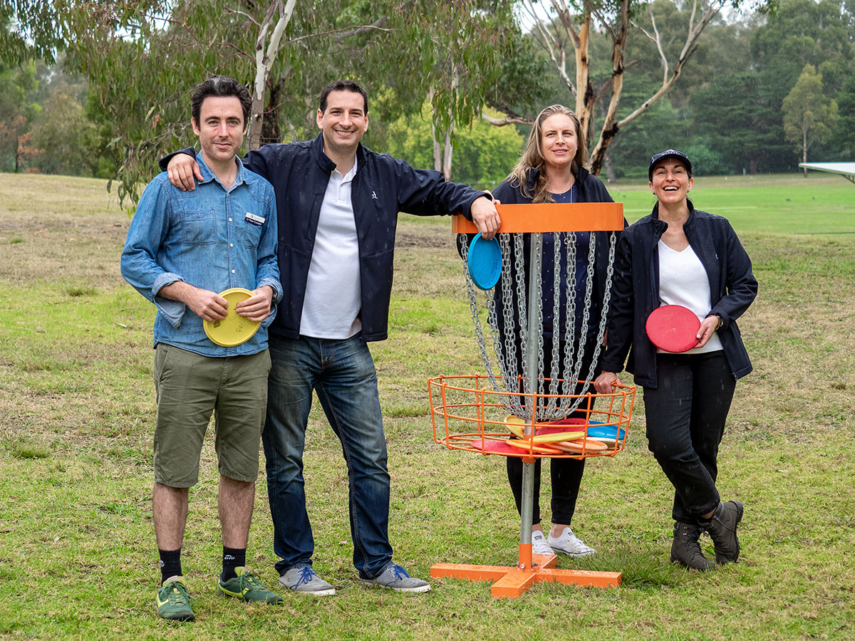 Banyule City Council Councillors participating in the Disc Golf Come and Try Session at Warringal Park